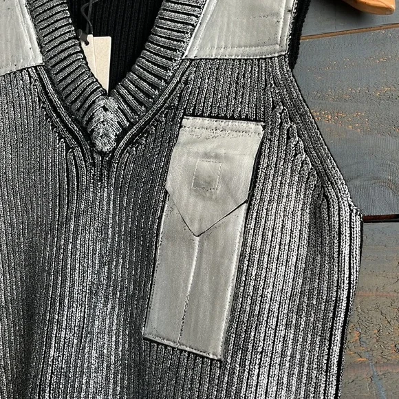 Zoey W. Los Angeles Metallic Knit V Neck Patch Vest Grey Silver - Picture 6 of 12